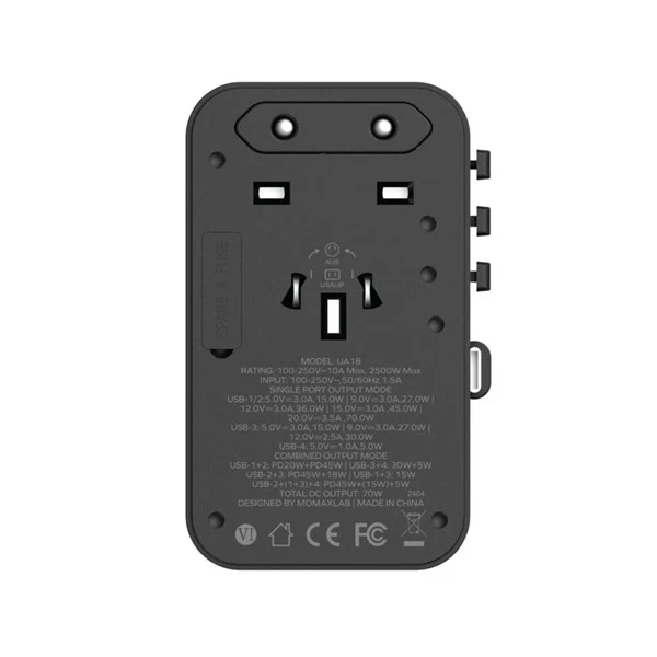 Momax 1-World+ 70W GaN 3-Port w/ Built-in USB-C Cable + AC Travel Adaptor | Black - Image 3