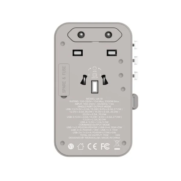 Momax 1-World+ 70W GaN 3-Port w/ Built-in USB-C Cable + AC Travel Adaptor | Grey - Image 3