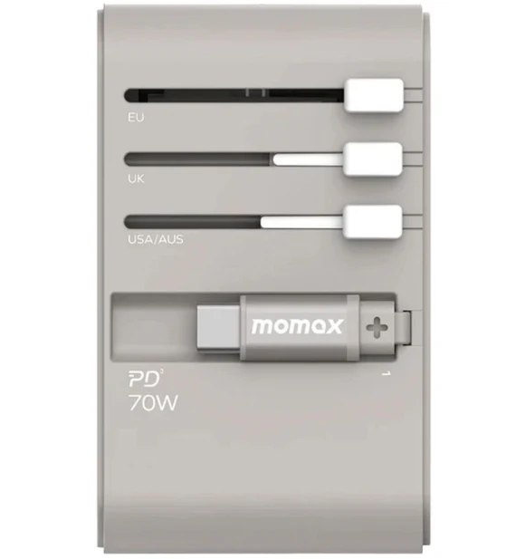 Momax 1-World+ 70W GaN 3-Port w/ Built-in USB-C Cable + AC Travel Adaptor | Grey - Image 5